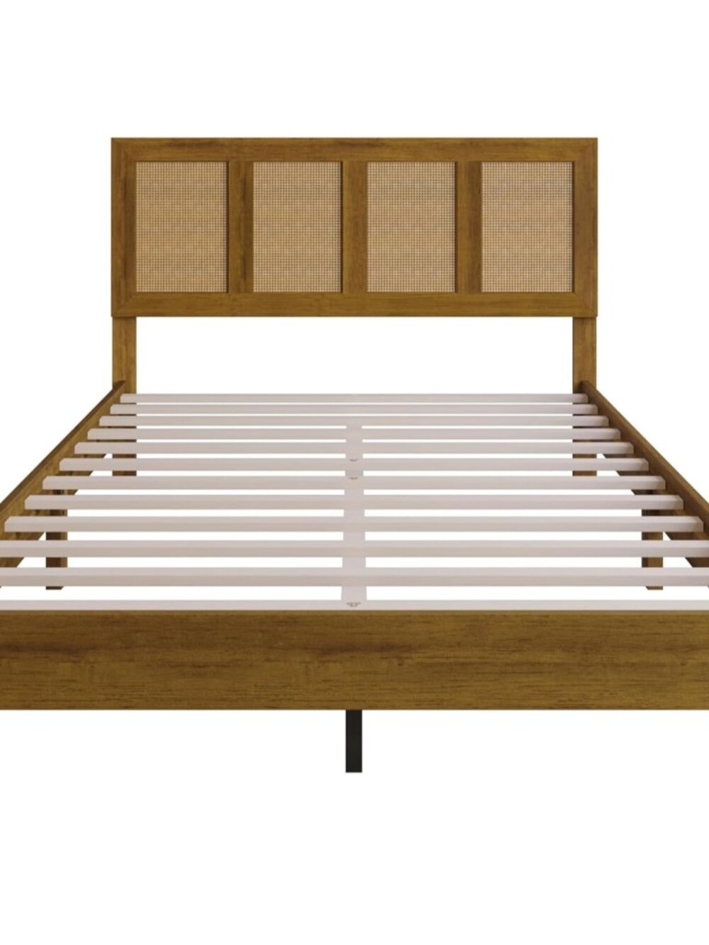Skokie Full Wood Platform Bed Frame with Rattan Accents – Rustic Solid Wood Desi - Picture 5 of 10